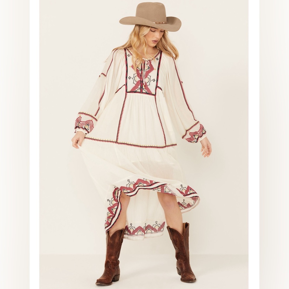 Free People White Gold Victorian Sweet Escape Midi Flowy Bohemian Dress